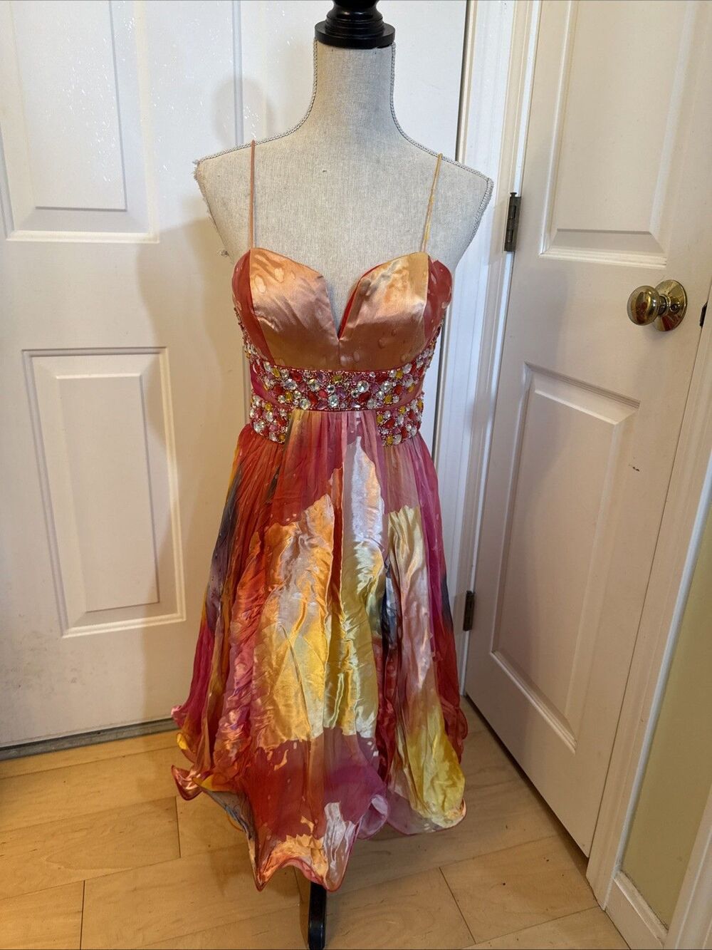 SUNSET COCKTAIL DRESS Blush Prom Orange Print Beaded Cocktail Dress Size 6